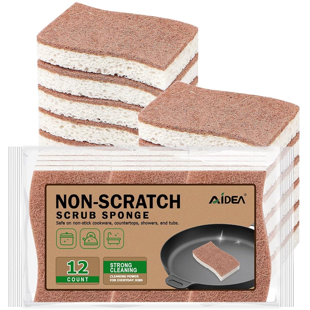 AIDEA 12-Pack Non-Scratch Scrub Sponges – Pure Cellulose Sponges for Non-Stick Cookware, Dishes, Kitchen, Rest room, and Family Cleansing