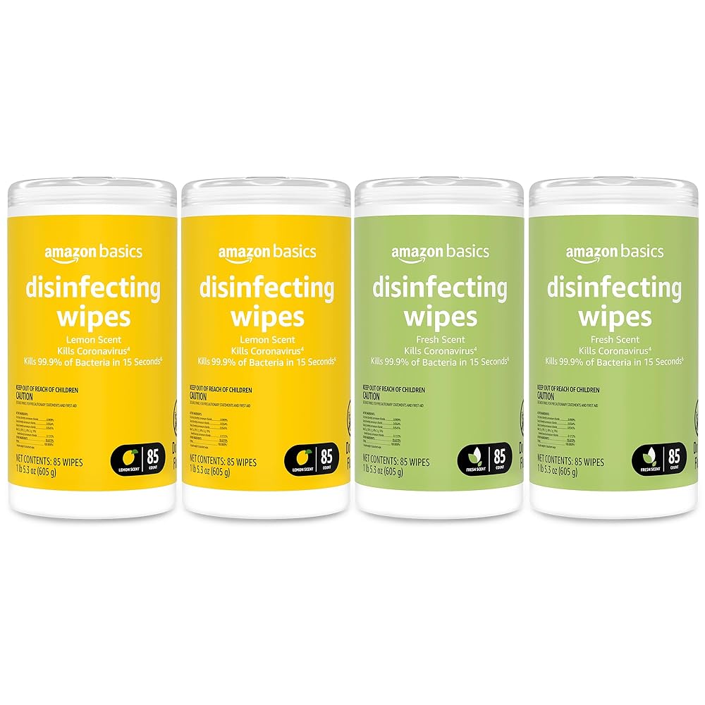 Amazon Fundamentals Lemon & Recent Scent Disinfecting Wipes – Cleans, Sanitizes, Disinfects, and Deodorizes – 340 Wipes (4 Packs of 85)