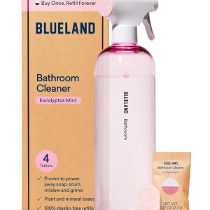 BLUELAND Eco-Pleasant Rest room Cleansing Spray Bottle with 4 Refill Tablets | Eucalyptus Mint Scent | Creates 4 x 24 Fl oz Bottles (Whole of 96 Fl oz)