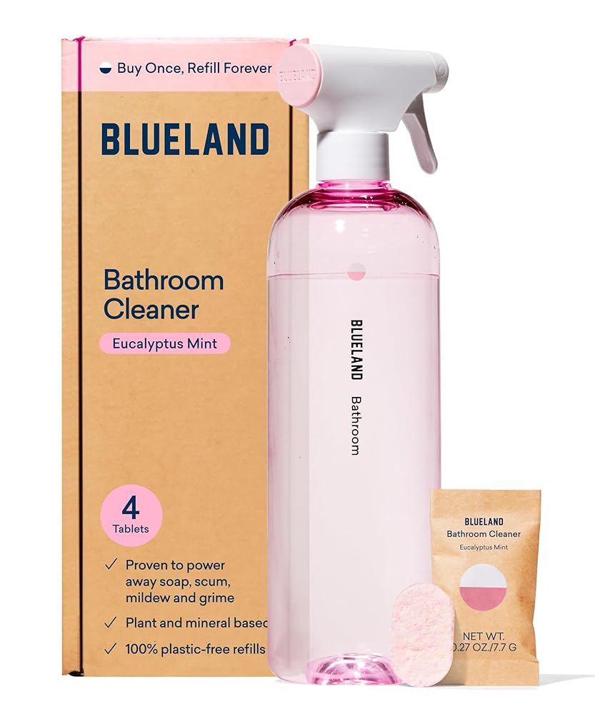 BLUELAND Eco-Pleasant Rest room Cleansing Spray Bottle with 4 Refill Tablets | Eucalyptus Mint Scent | Creates 4 x 24 Fl oz Bottles (Whole of 96 Fl oz)