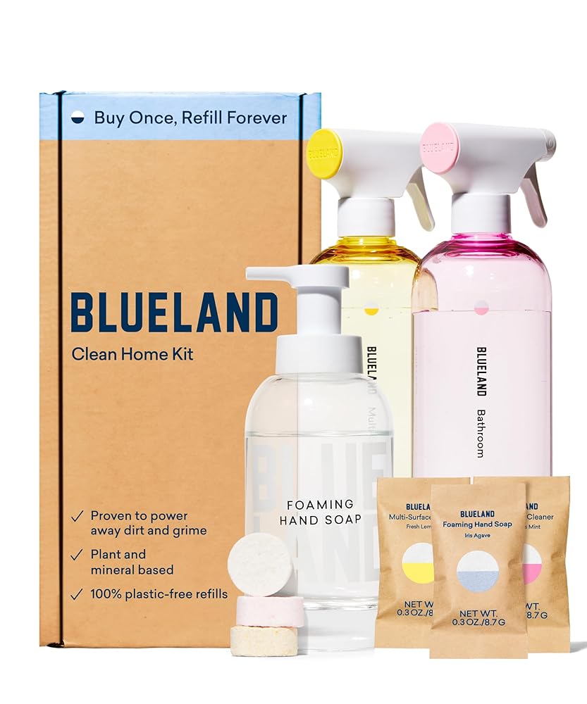 BLUELAND Eco-Pleasant Dwelling Cleansing Package (Consists of 3 Reusable Bottles and three Pill Refills) – Versatile Pure Cleaner for Kitchen and Counters, Toilet Cleaner for Bathe and…