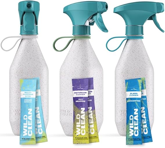 Clear House Set: Consists of 3 Refillable Bottles and 6 Refill Powders – Pure All-Function Cleaner for Kitchen, Toilet Sinks, Showers, Glass, and Mirrors