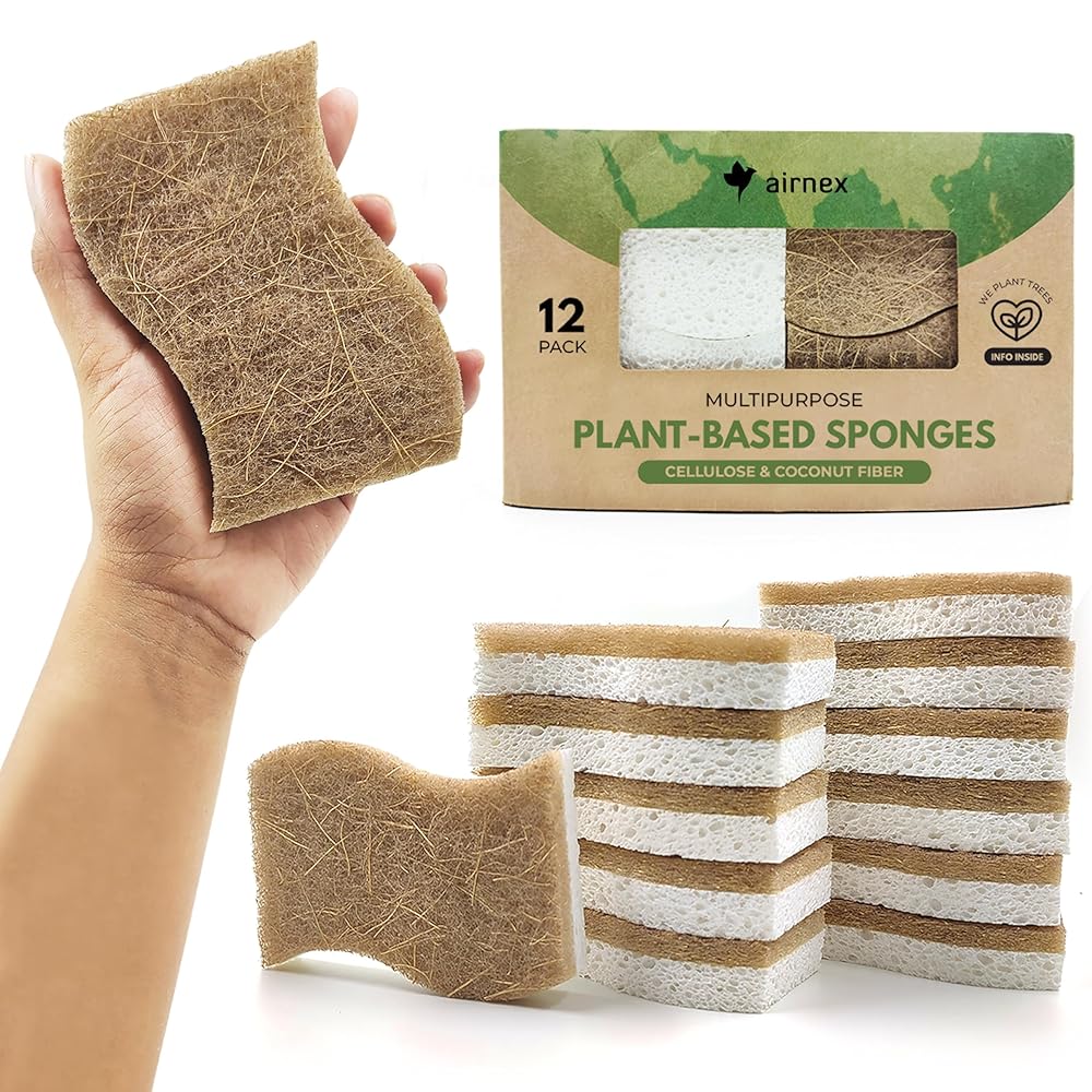 Eco-Pleasant Kitchen Sponges – Biodegradable Cellulose and Coconut Scrubber Sponges – Pack of 12 for Dishwashing