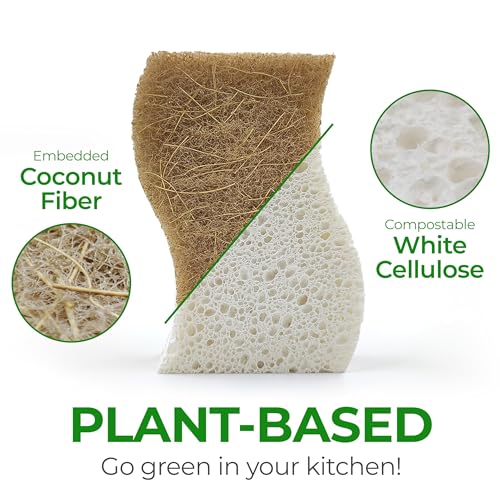 Eco-Pleasant Kitchen Sponges - Biodegradable Cellulose and Coconut Scrubber Sponges - Pack of 12 for Dishwashing