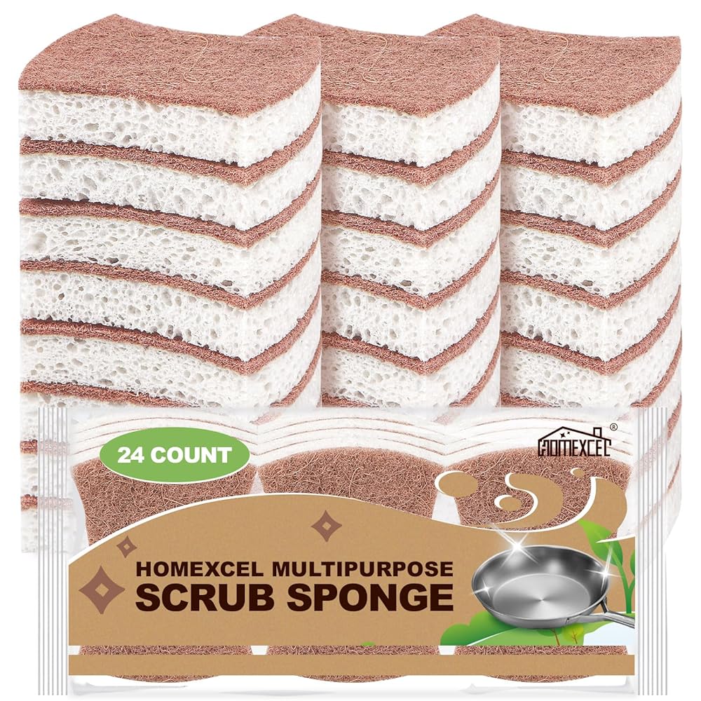 HOMEXCEL Bộ 24 miếng bọt biển cọ rửa nhà bếp Pure Kitchen Scrub Sponges, miếng bọt biển làm sạch chống trầy xước cho bát đĩa, miếng bọt biển Cellulose bảo vệ cho đồ nấu nướng chống dính, miếng bọt biển rửa bát hai mặt