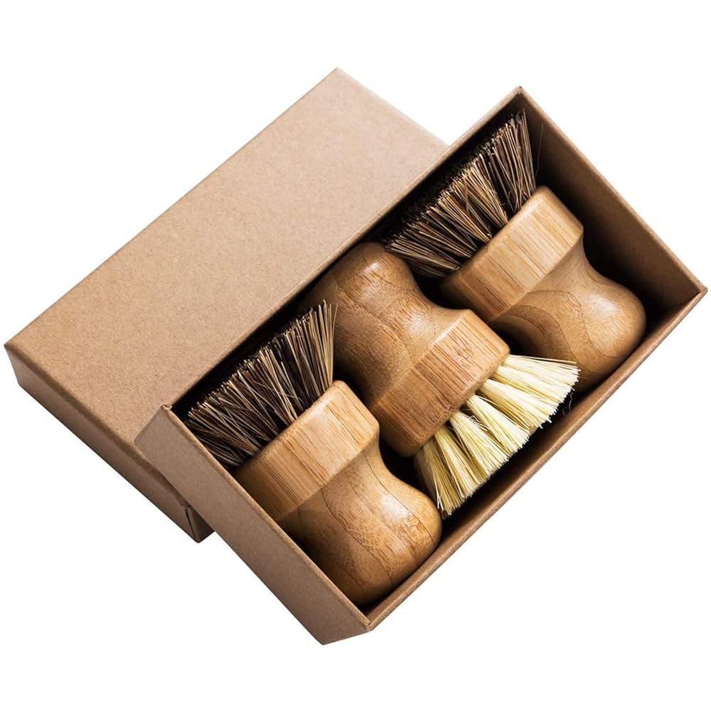 Set of three Mini Bamboo Spherical Palm Pot Brushes – Sturdy Pure Scrub Brushes with Union and Tampico Fibers for Cleansing Pots, Pans, and Greens