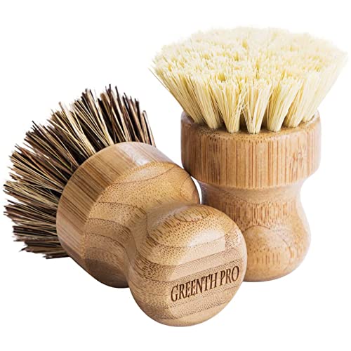 Set of three Mini Bamboo Spherical Palm Pot Brushes - Sturdy Pure Scrub Brushes with Union and Tampico Fibers for Cleansing Pots, Pans, and Greens