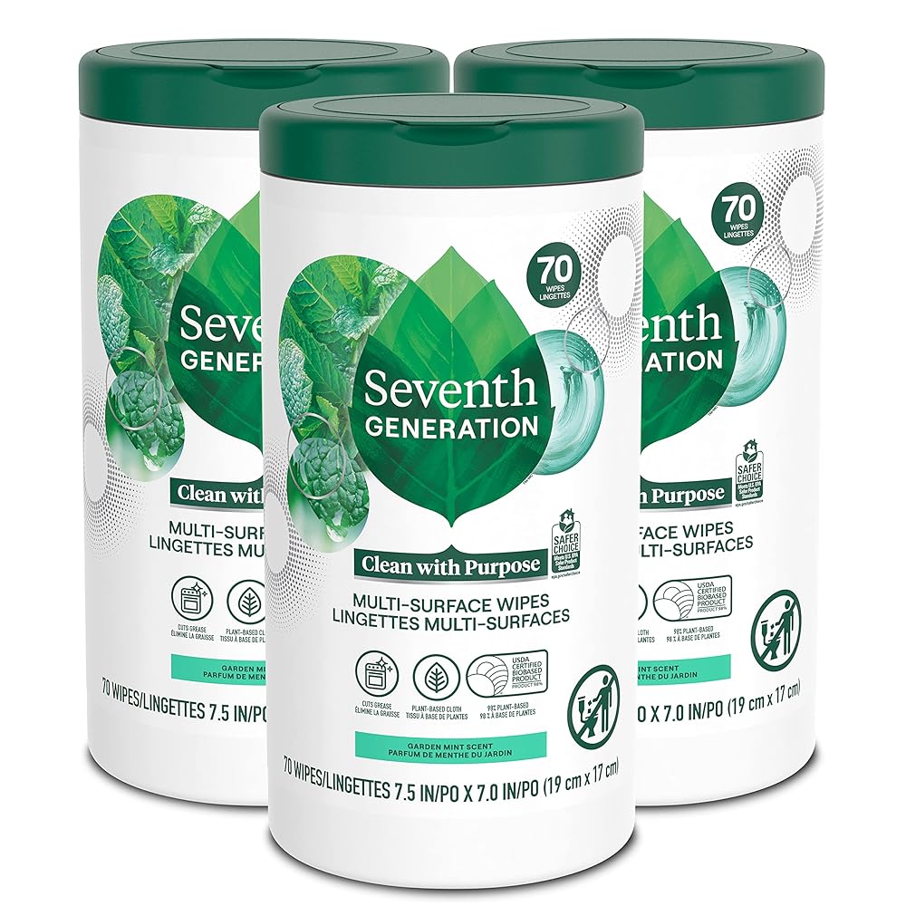 Seventh Technology All-Function Cleansing Wipes in Backyard Mint Scent, Infused with 100% Important Oils and Botanical Elements, 70 Depend, Pack of three